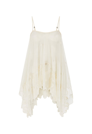  wearing a sheer white lace longline cardigan over a white lace camisole top and blue jeans